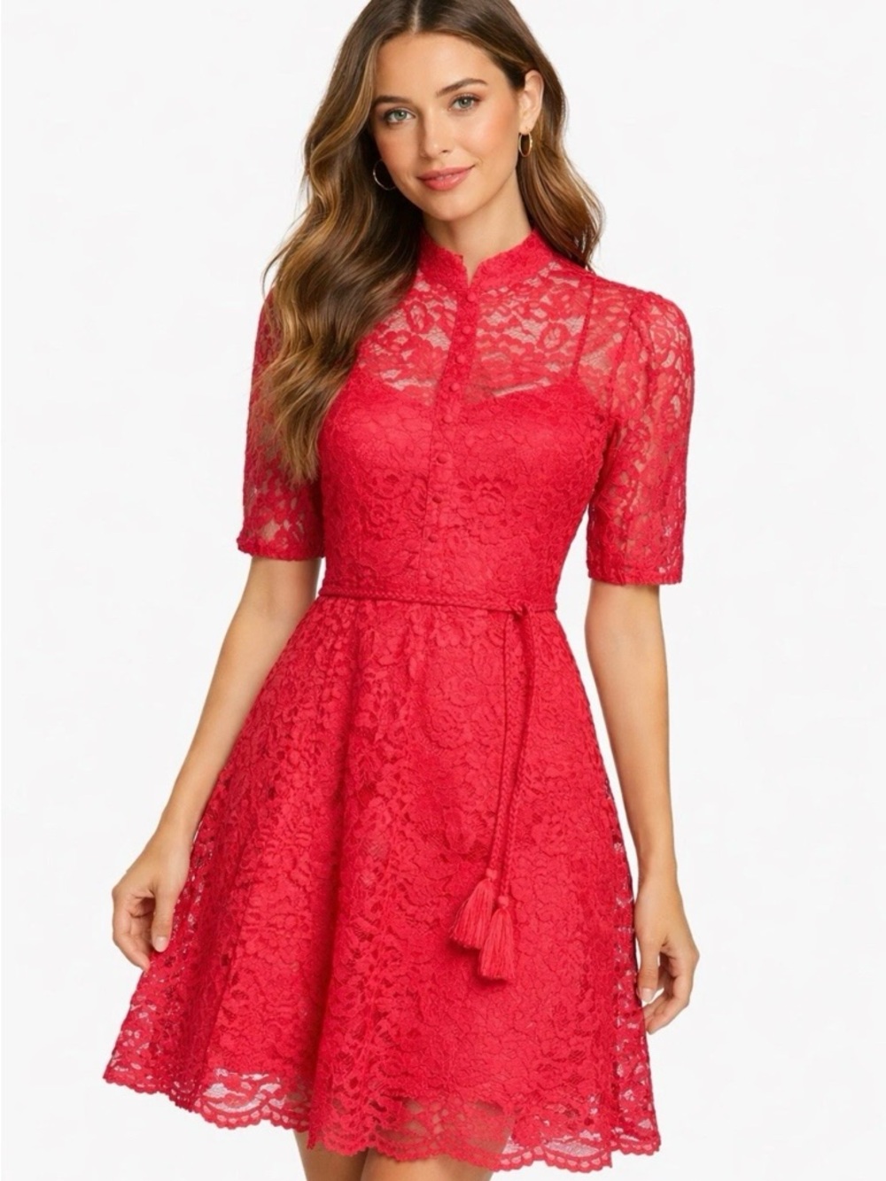 Tahari ASL Scallop Hem Raspberry Lace Fit & Flare Dress Size 10 MSRP $159 NWOT